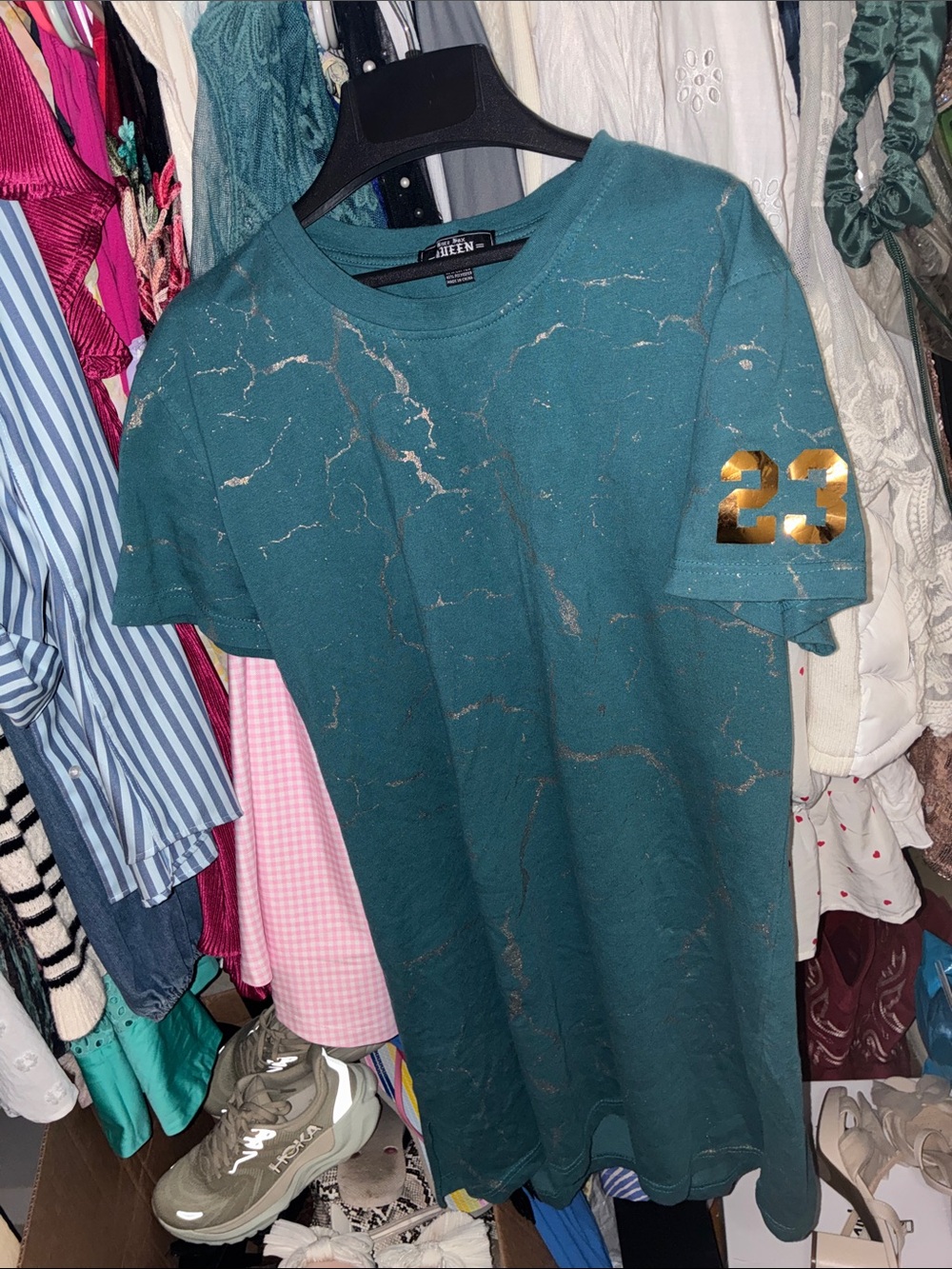 Teal Marble-Print Short Sleeve Tee with Gold '23 Accent-Gold Specks